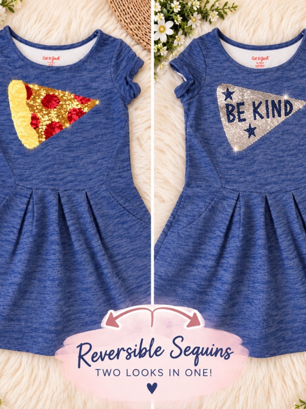 Cat & Jack Girls Blue Sequin “BE KIND” & “PIZZA” sweater Dress Size 6